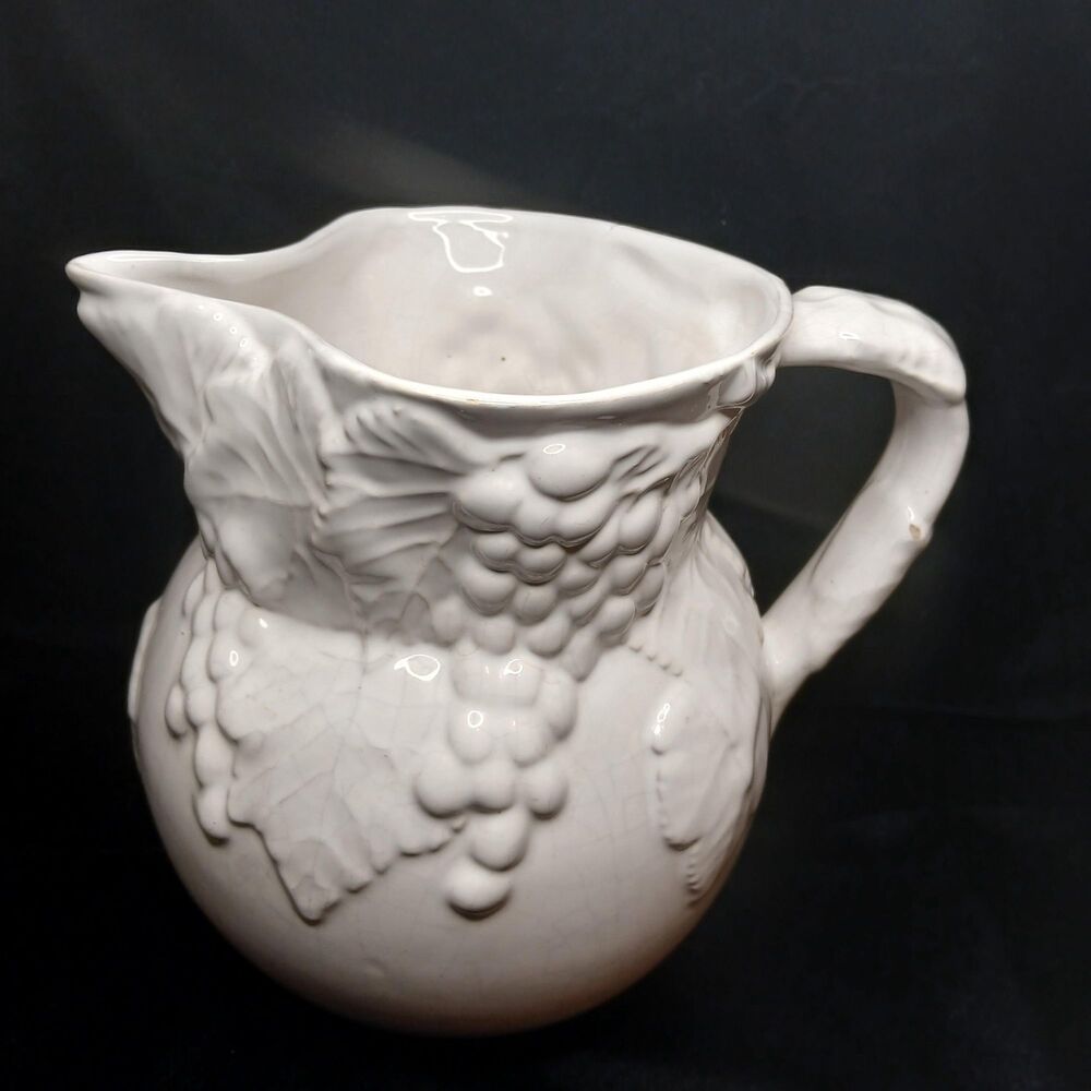 Vintage Elios Italian Grapes and Leaves Earthenware Pitcher Cream Glaze 8 inch